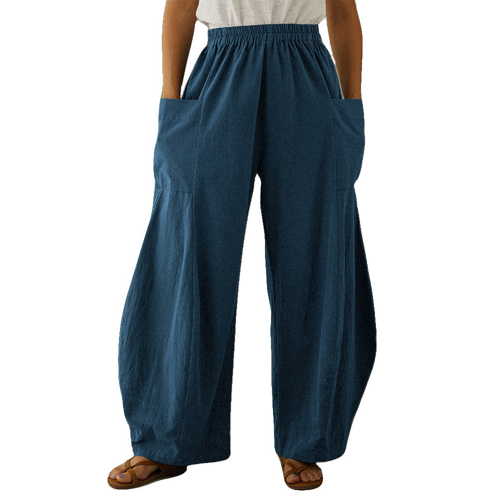 Solid Color Cotton Elastic Waist Pocket Flared Pants