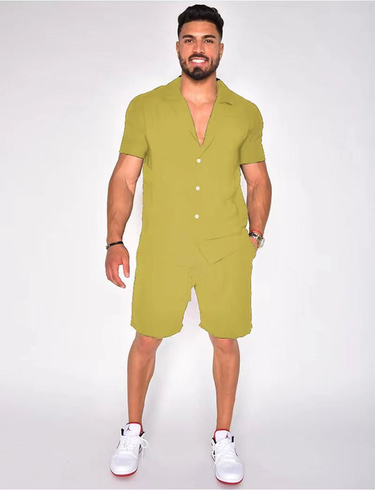 Men's Summer Lapels Cotton Linen Solid Color Short Sleeve Shorts Suit