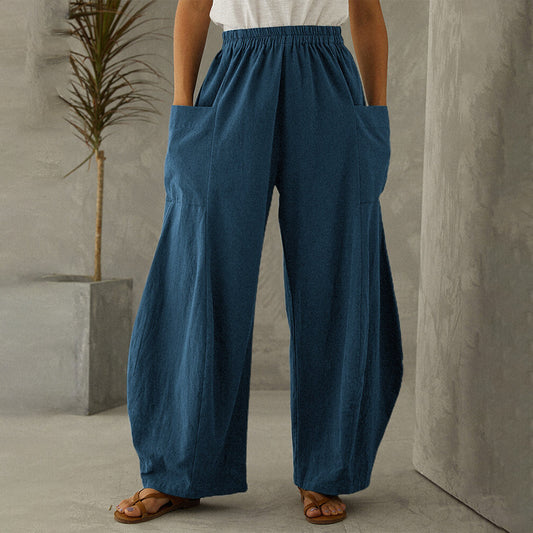 Solid Color Cotton Elastic Waist Pocket Flared Pants